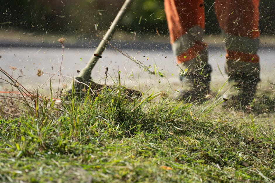 In a garden scene during daytime, a person wearing orange trousers and dark shoes is engaged in garden maintenance, using a rake or garden tool to clear overgrown grass and weeds from a lawn area. The